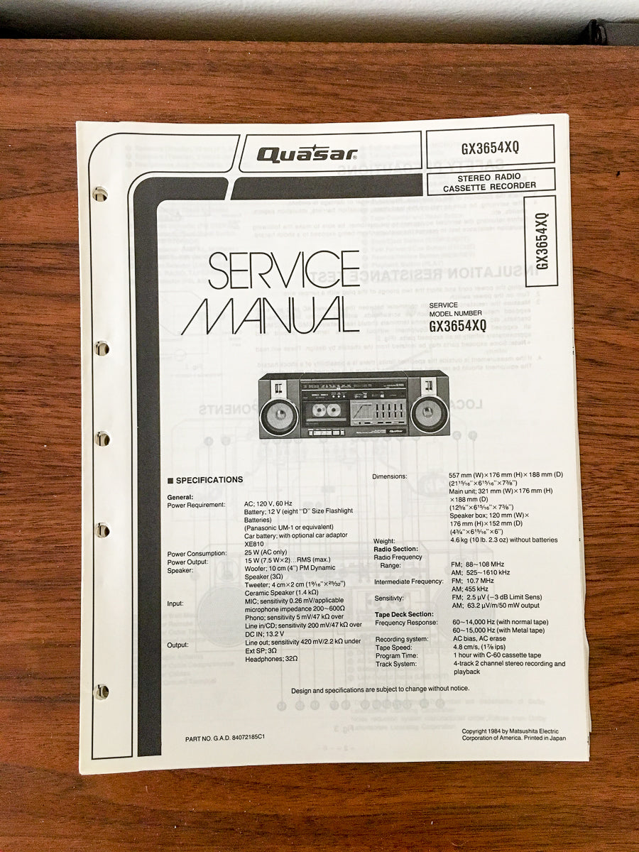 Quasar GX3654XQGX-3654 XQ Portable Stereo / Radio Service Manual *Original*