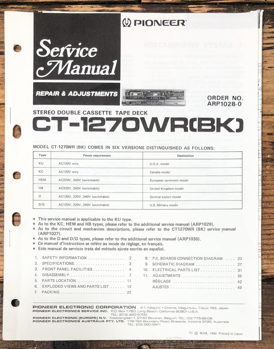 Pioneer CT-1270WR Cassette Service Manual *Original*