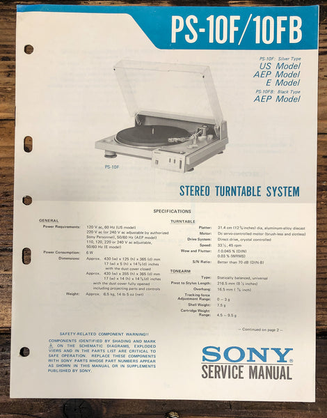Sony PS-10F PS-10FB Record Player / Turntable Service Manual *Original*