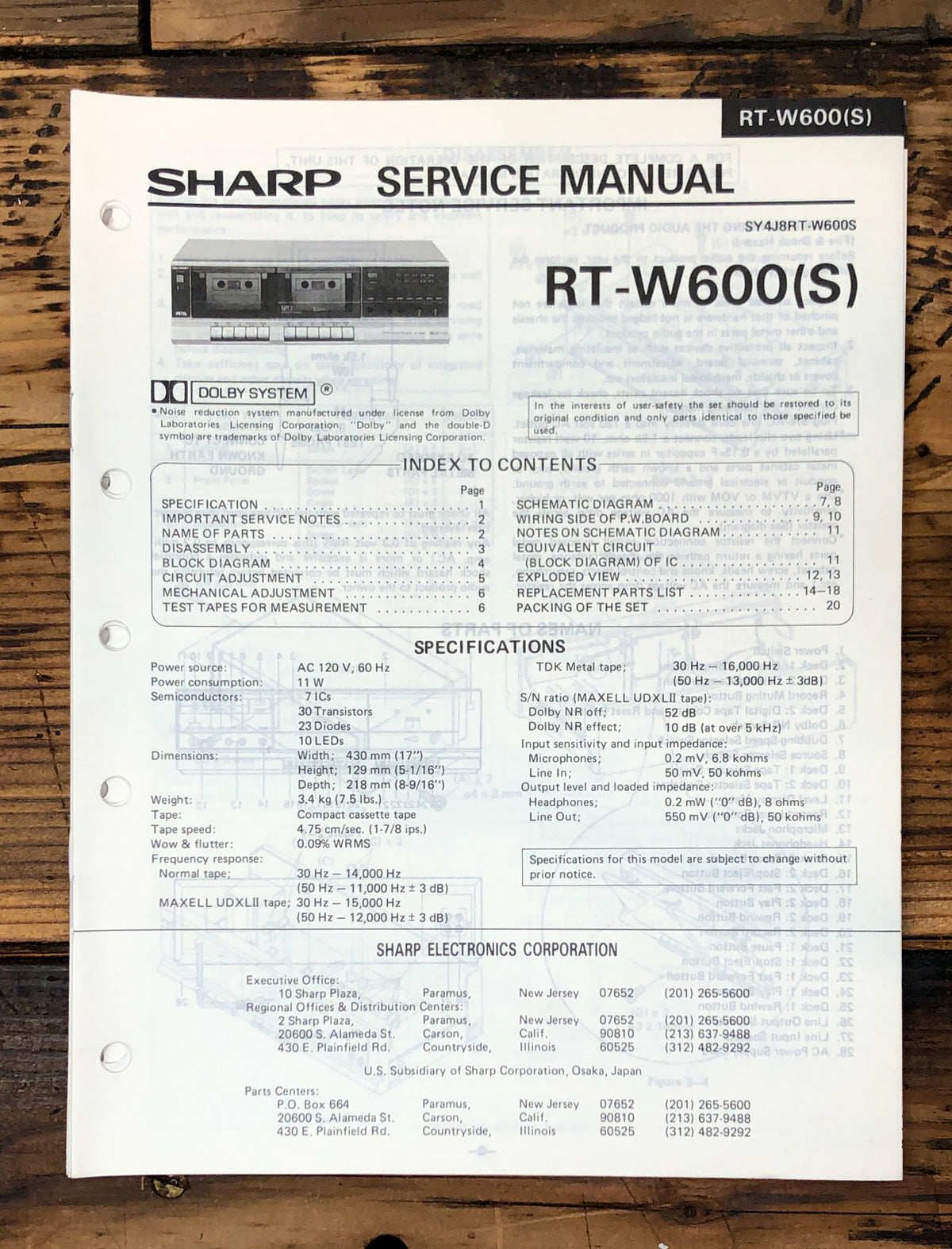 Sharp RT-W600 RT-W600S Cassette Service Manual *Original*