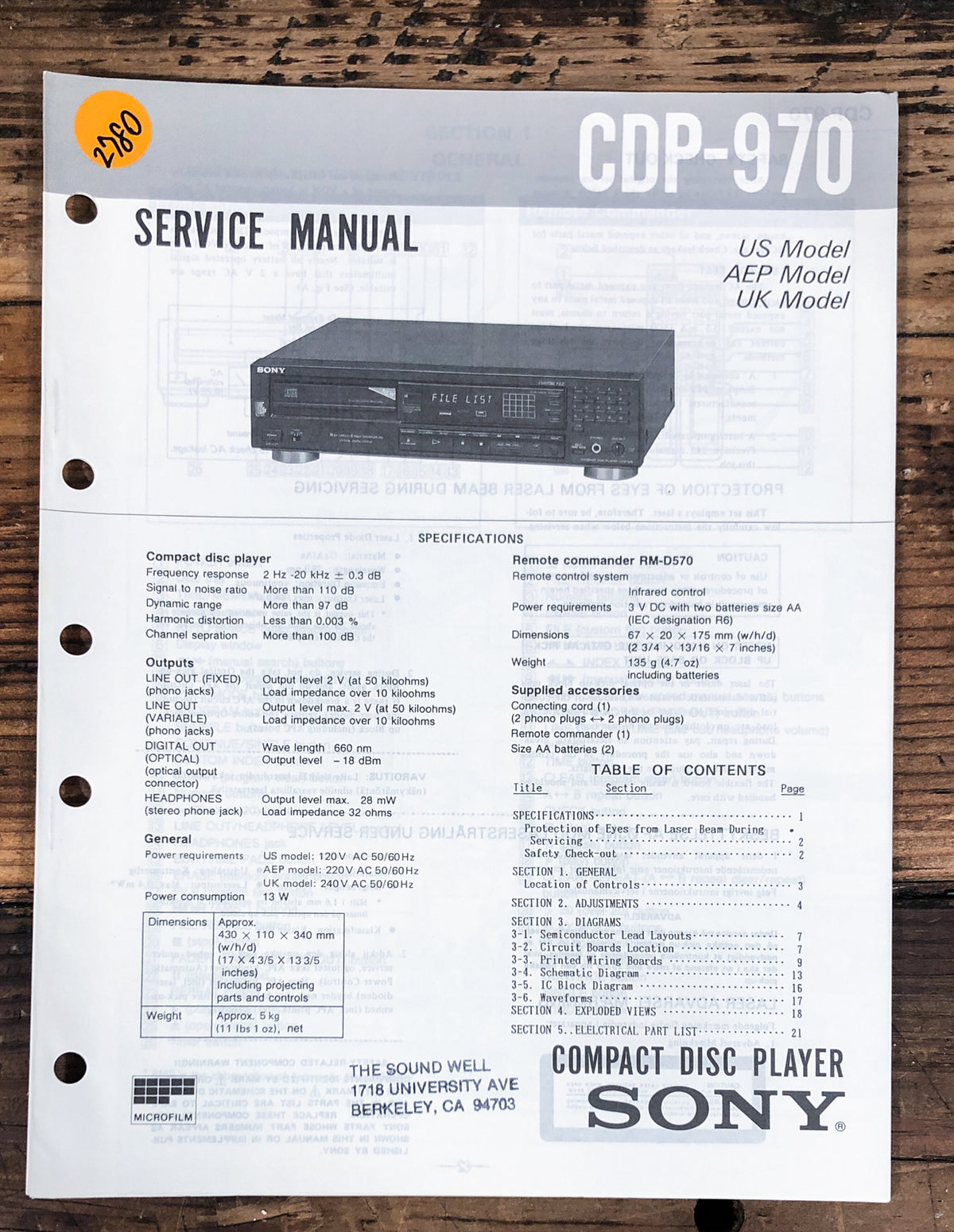 Sony CDP-970 CD Player  Service Manual *Original*