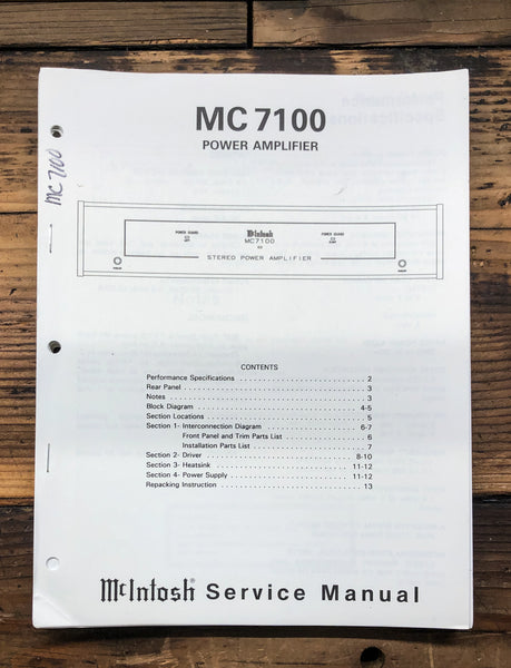 McIntosh MC7100 MC-7100 Amplifier  Service Manual *Original*