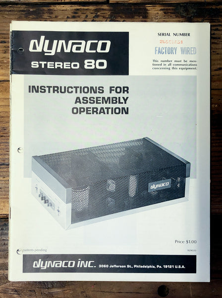 Dynaco Stereo 80 ST-80 Amplifier Assembly & Operation Manual *Orig* #2