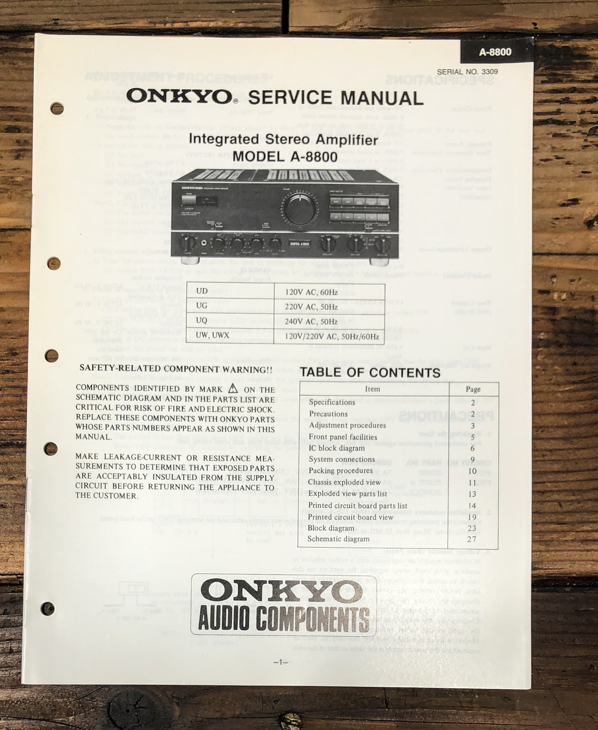Onkyo A-8800 Amplifier Service Manual *Original*