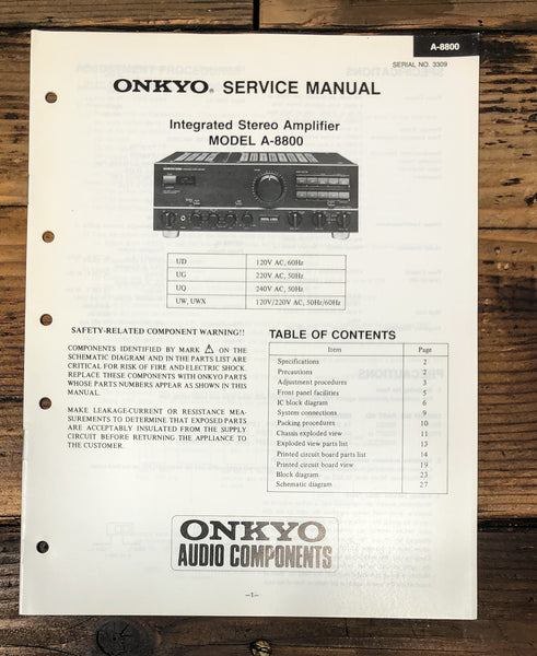 Onkyo A-8800 Amplifier Service Manual *Original*