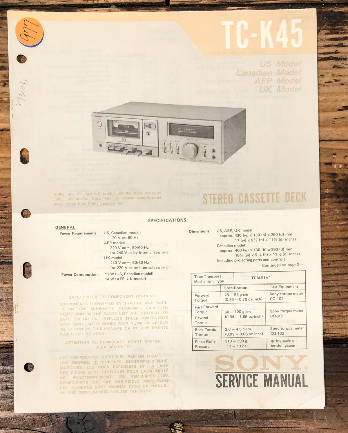 Sony TC-K45 Cassette Service Manual *Original*
