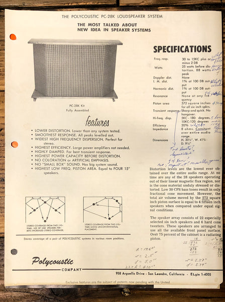 Polycoustic Company PC-28K Speaker 3pg Brochure  *Original*