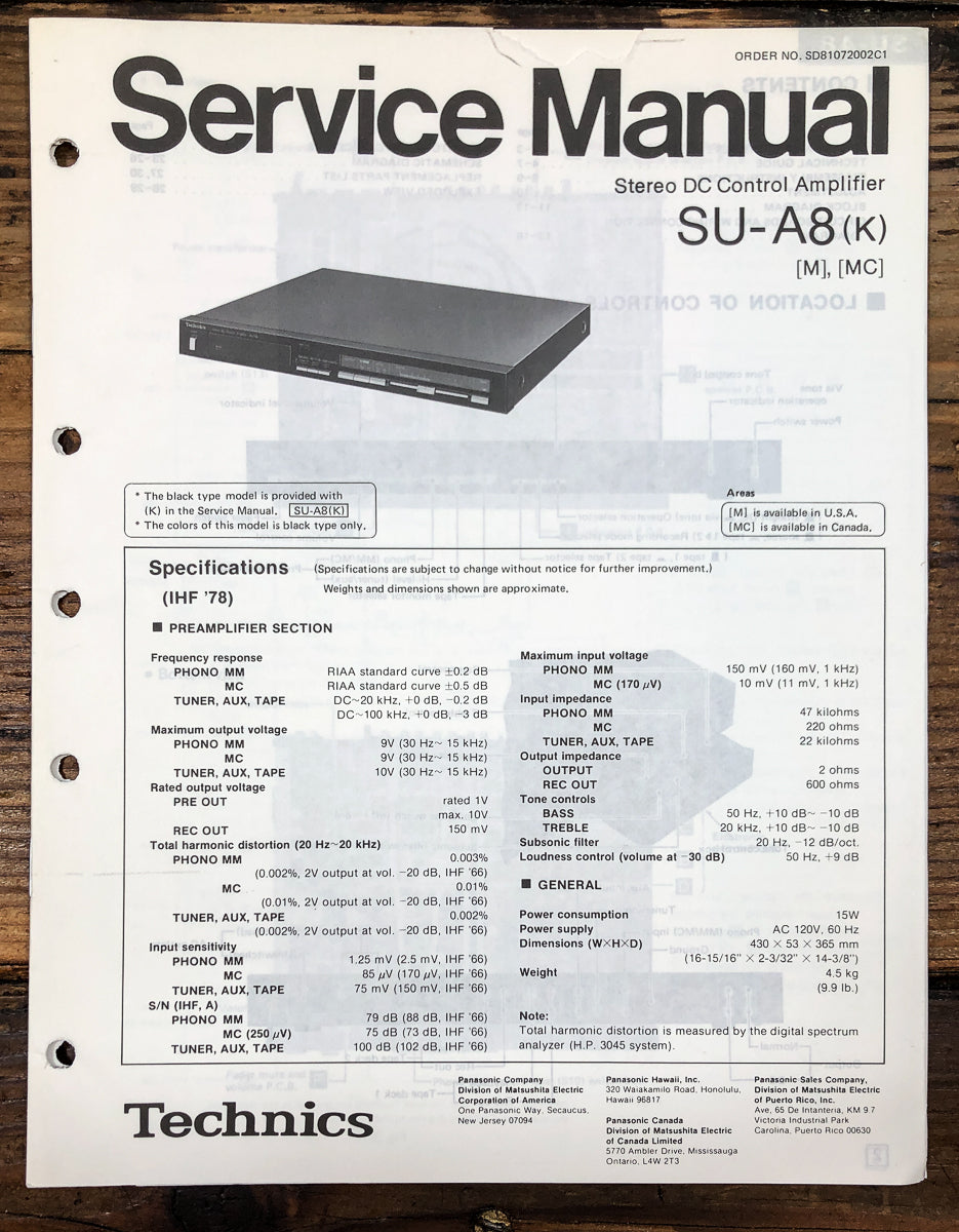 Technics SU-A8 Preamp / Preamplifier Service Manual *Original*