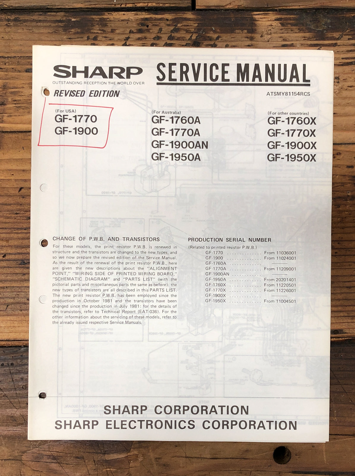 Sharp GF-1770 -1900 Radio Cassette Revised Service Manual *Original*