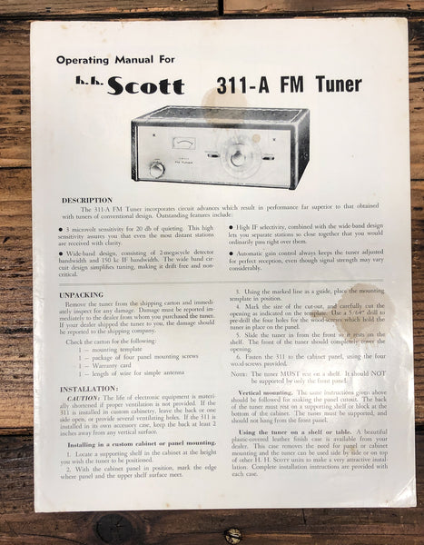 HH Scott Model 311A 311-A Tuner Service Manual *Original*