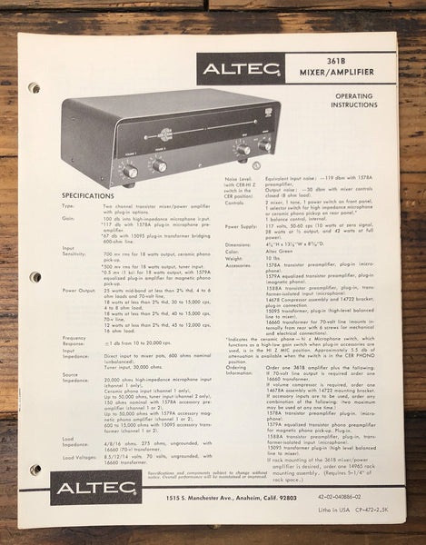 Altec Model 361B Amplifier  Service Manual *Original*