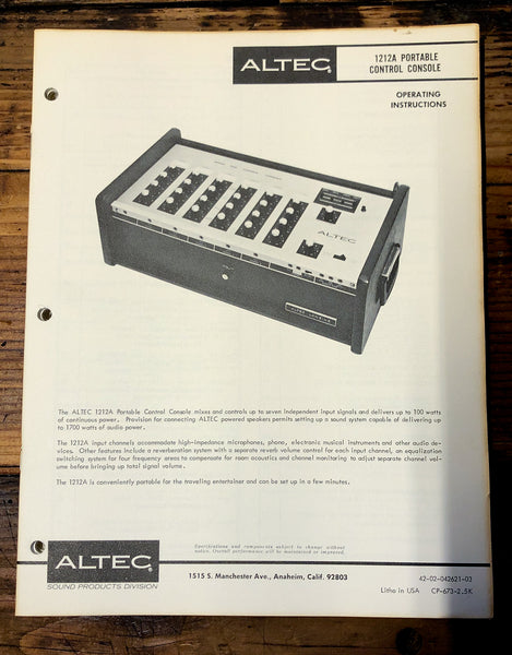 Altec Model 1212A Console  Owners Manual & Schematic *Orig*