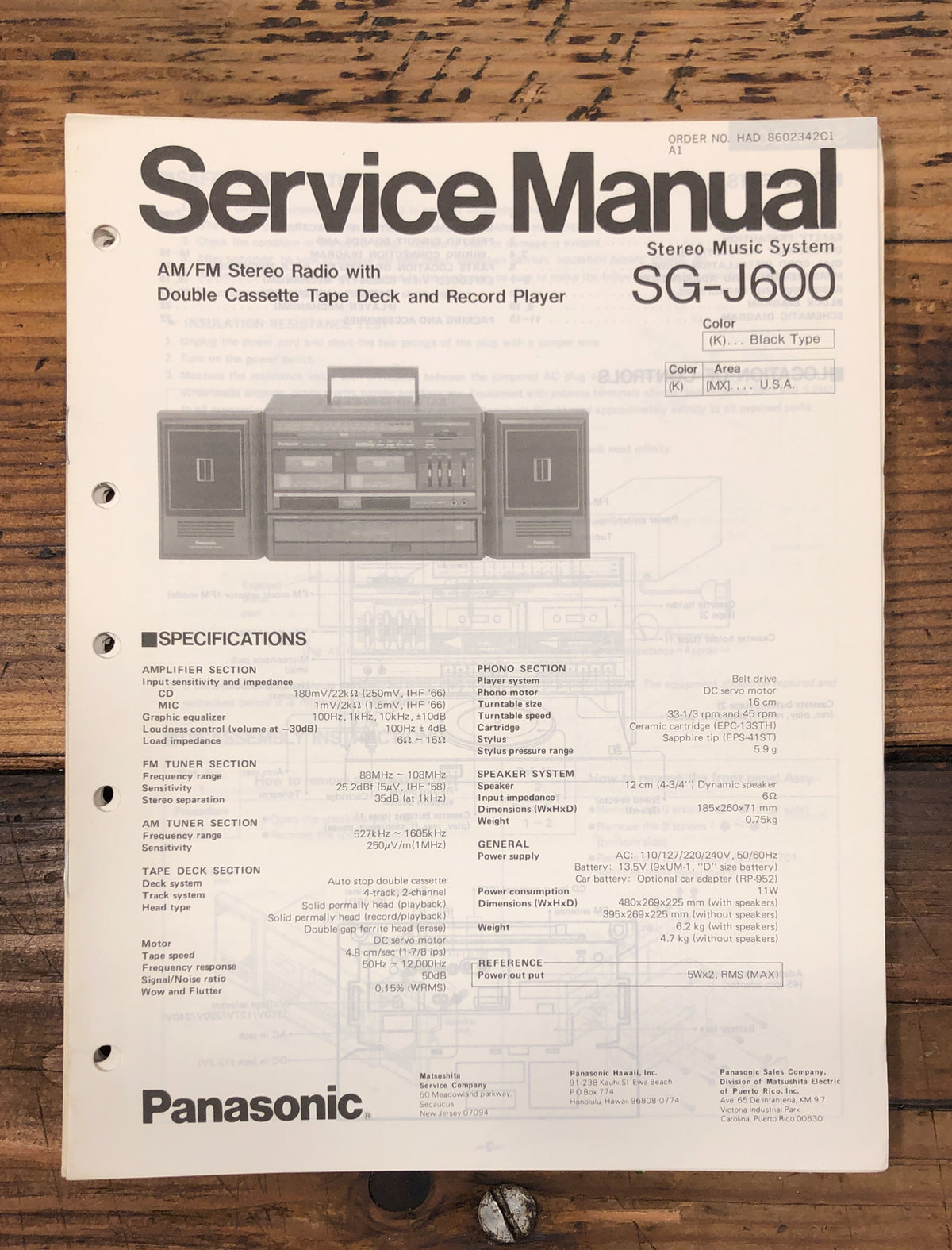 Panasonic SG-J600 Stereo  Service Manual *Original*