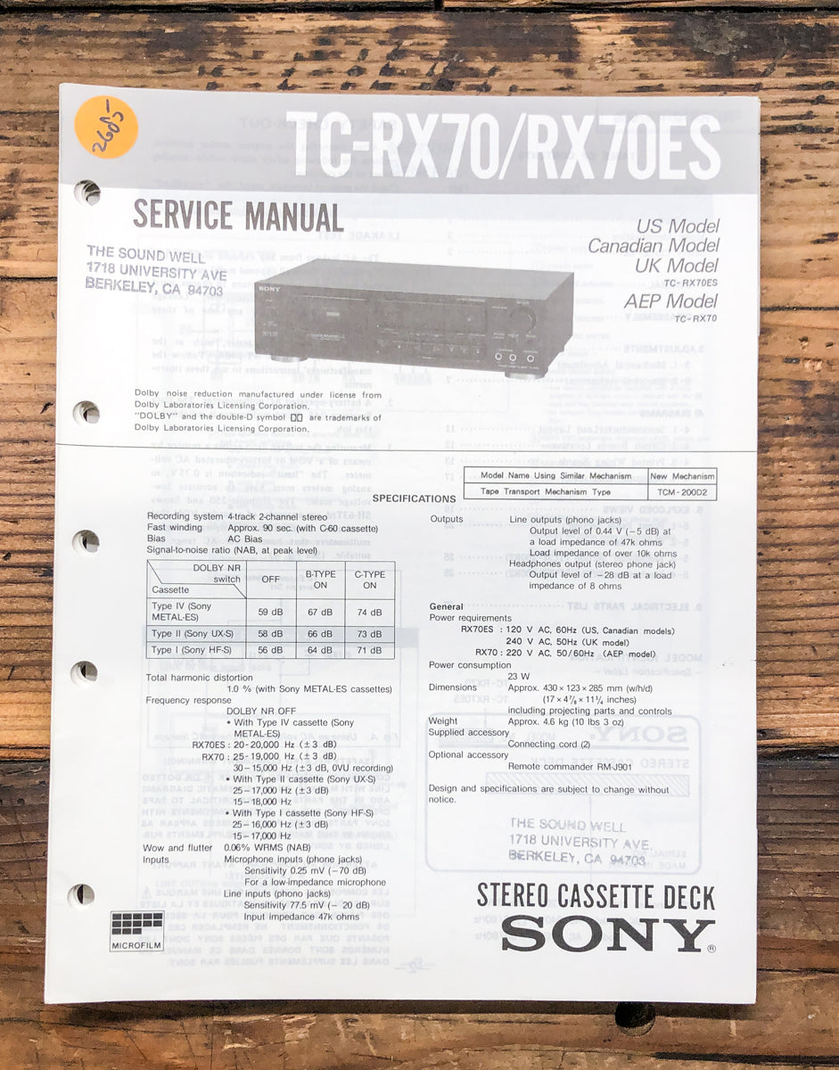 Sony TC-RX70 TC-RX70ES Cassette  Service Manual *Original*