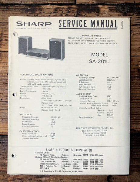 Sony SA-301U SA-301 U Amplifier / Receiver  Service Manual *Original*