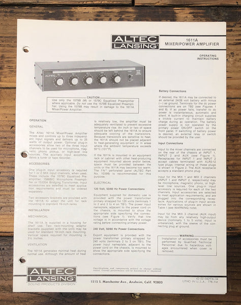 Altec Model 1611A Mixer Amplifier  Owners & Schematic Manual *ORIGINAL*