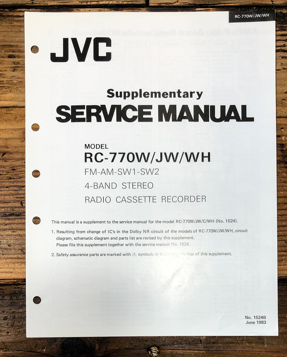 JVC RC-770 Radio Cassette Supp. Service Manual *Original*