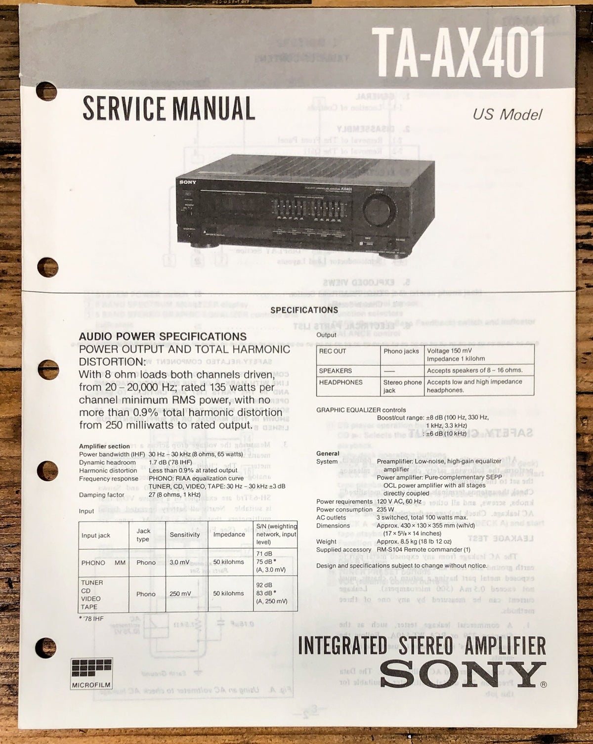 Sony TA-AX401 Amplifier  Service Manual *Original*
