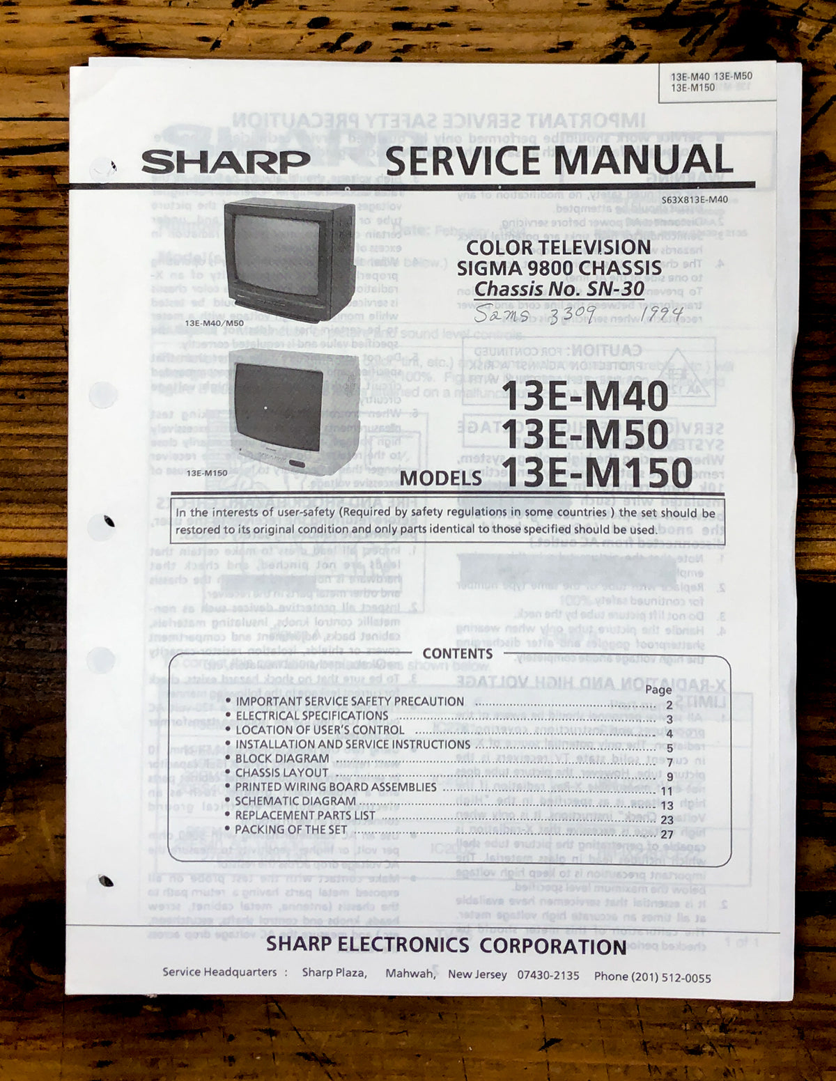 Sharp 13E-M40 M50 M150 TV / Television Service Manual *Original*