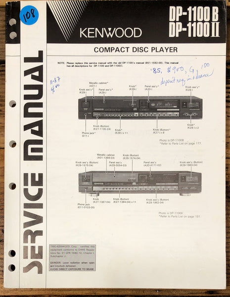 Kenwood DP-1100 -1100B -1100 II CD Player  Service Manual *Original*