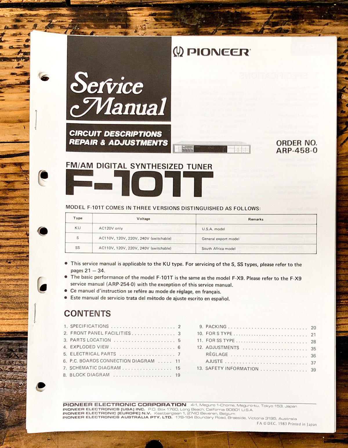 Pioneer F-101T Tuner Service Manual *Original*