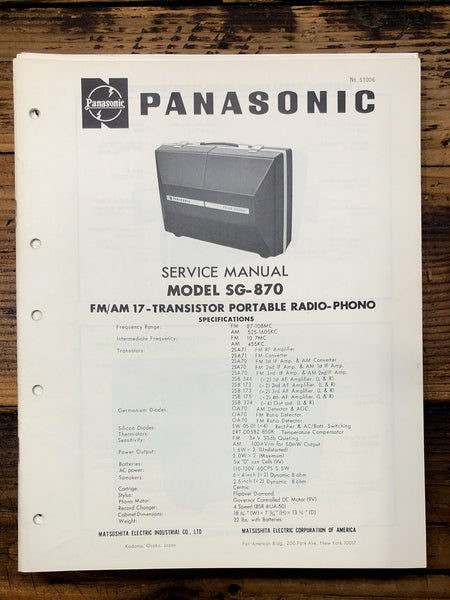 Panasonic SG-870 Record Player / Turntable  Service Manual *Original*