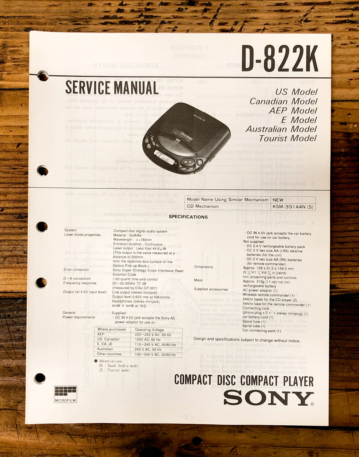 Sony D-822K CD Player / Discman  Service Manual *Original*