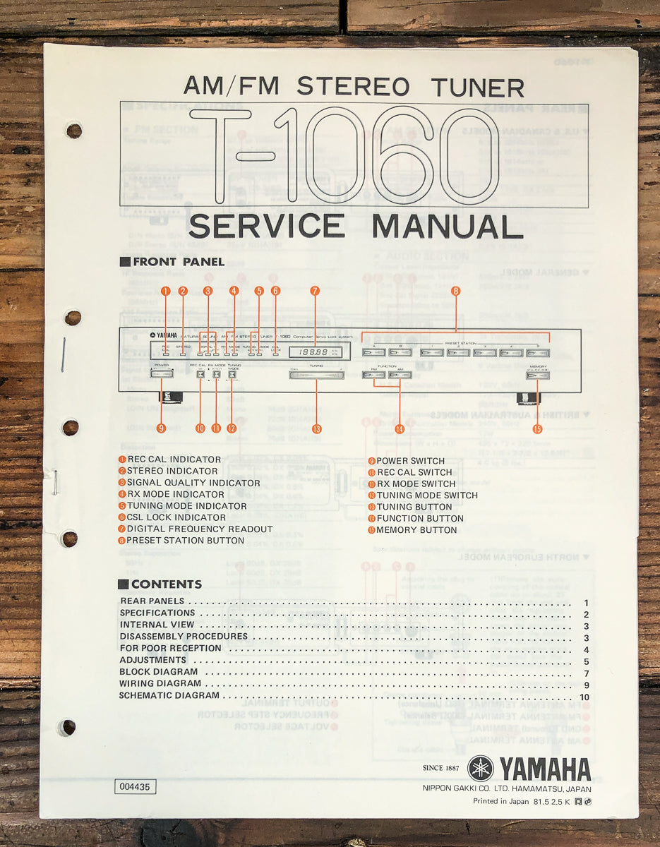 Yamaha T-1060 Tuner Service Manual *Original*