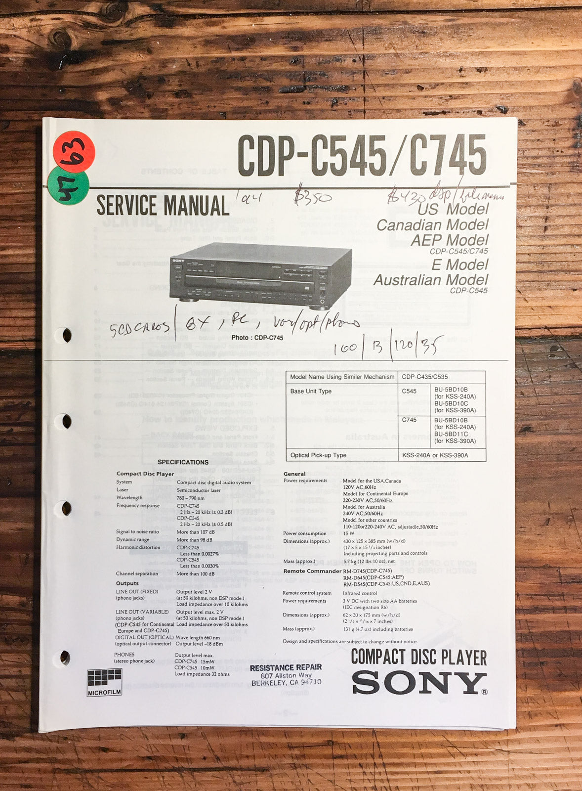 Sony CDP-C545 CDP-C745 CD Player  Service Manual *Original*
