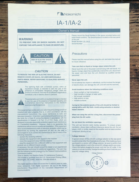 Nakamichi IA-1 IA-2  Owners / User Manual *Original*