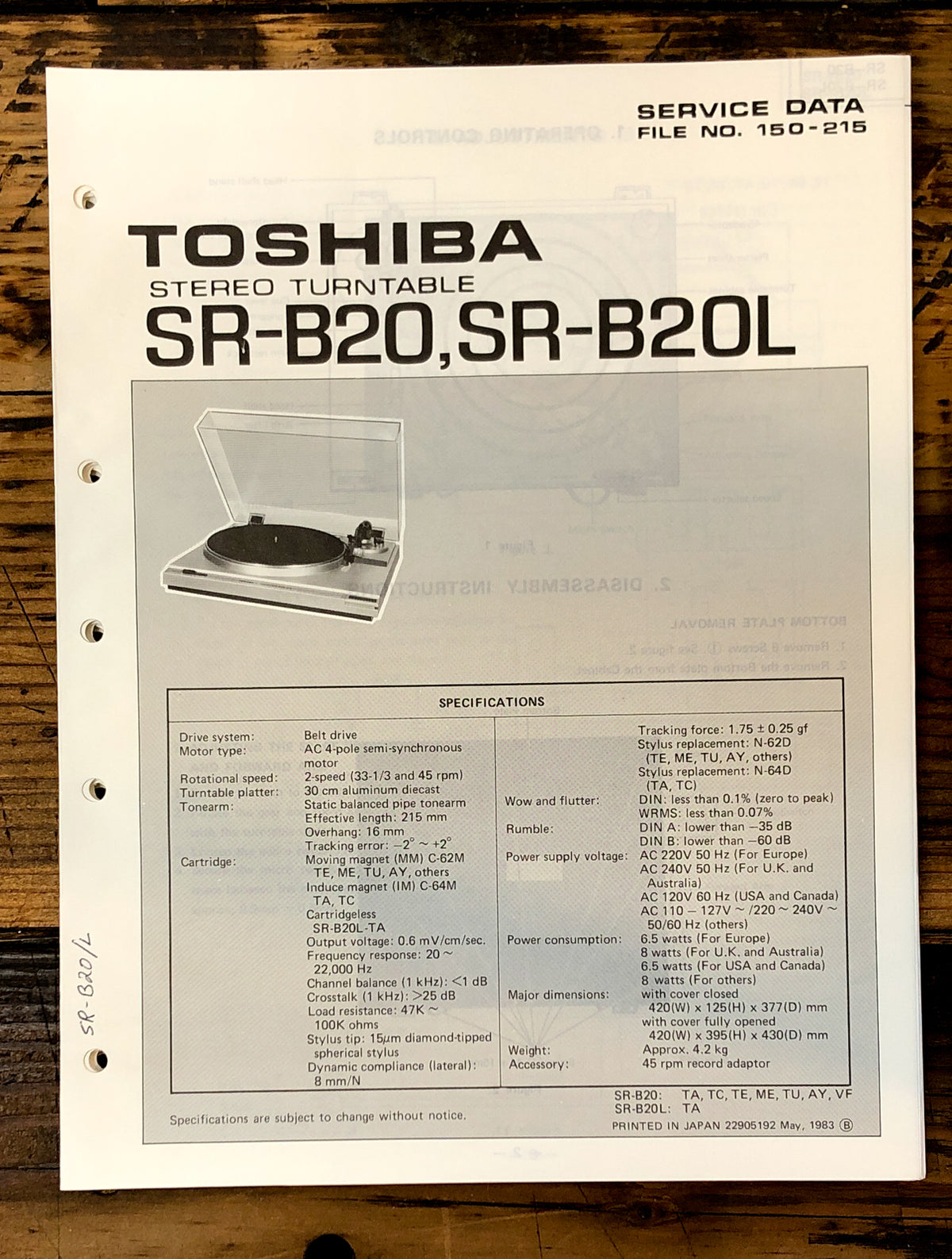 Toshiba SR-B20 SR-B20L Record Player / Turntable Service Manual *Original*