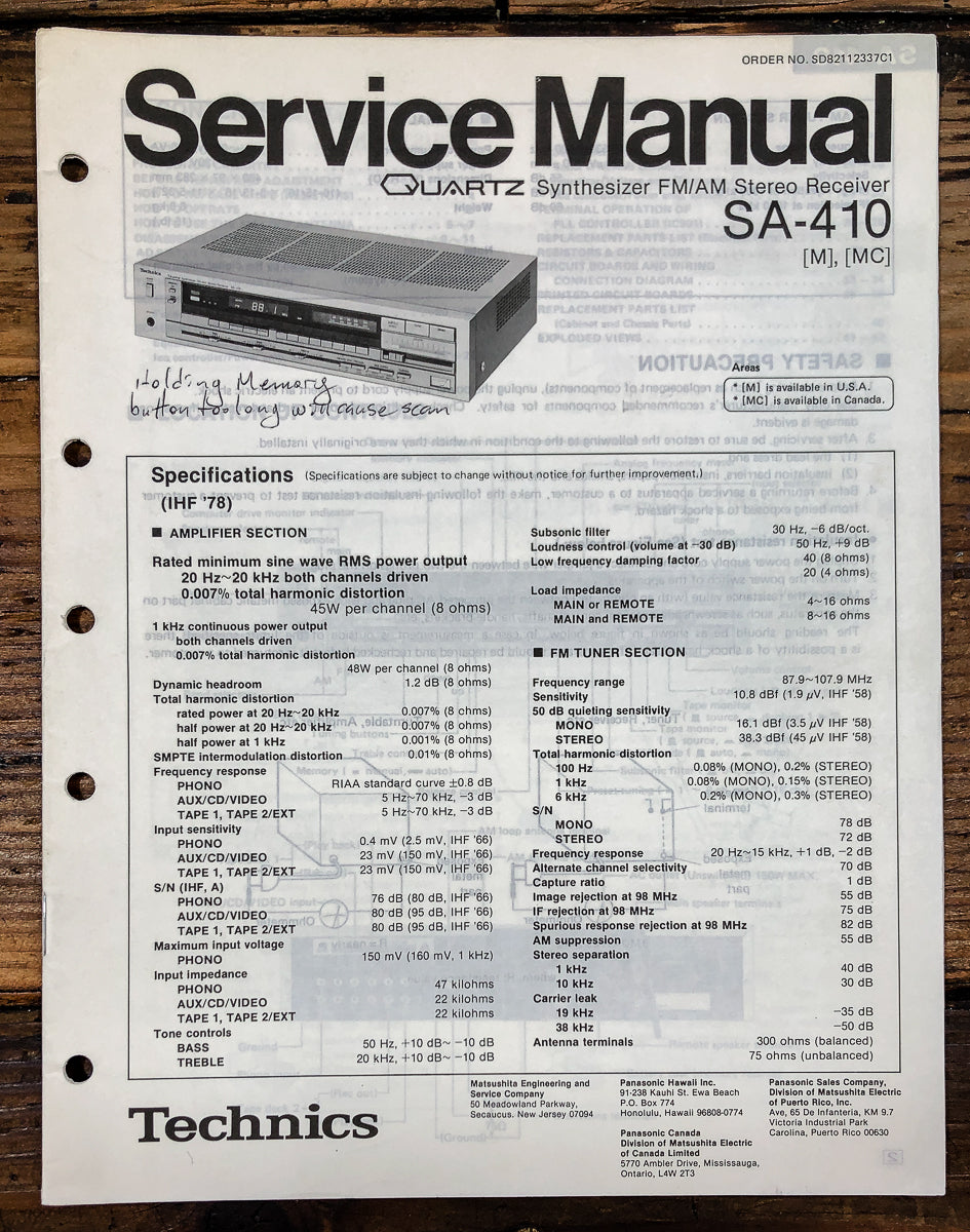 Technics SA-410 Receiver Service Manual *Original*