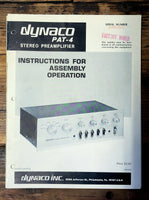 Dynaco PAT-4 Preamp / Preamplifier Assembly & Operation Manual *Orig*