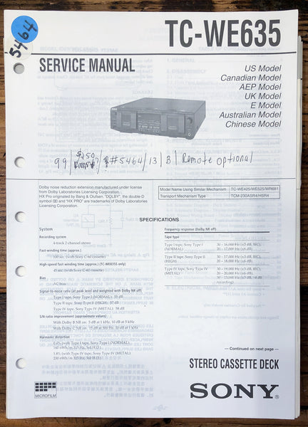 Sony TC-WE635 Cassette  Service Manual *Original*