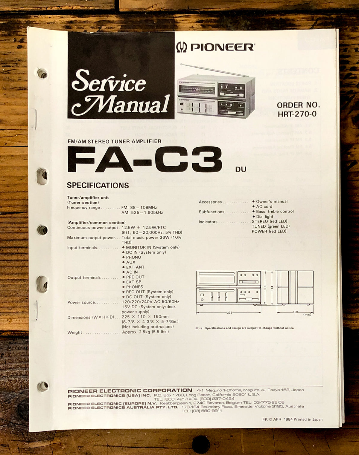 Pioneer FA-C3 Stereo Service Manual *Original*