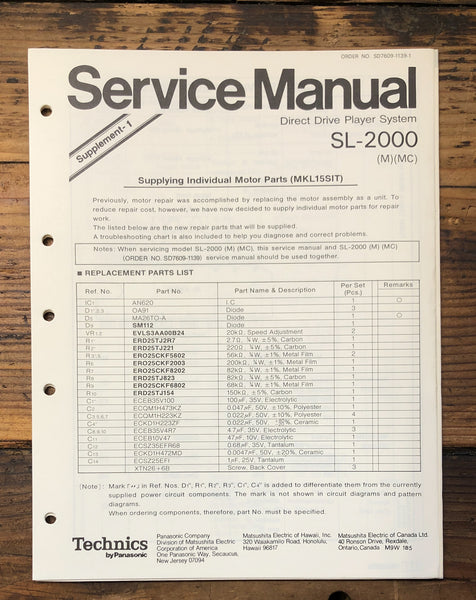 Technics SL-2000 SL-2000A Record Player  Supp. Service Manual *Original*