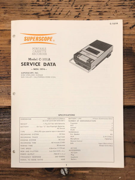 Superscope C-101A Cassette Recorder  Service Manual *Original*
