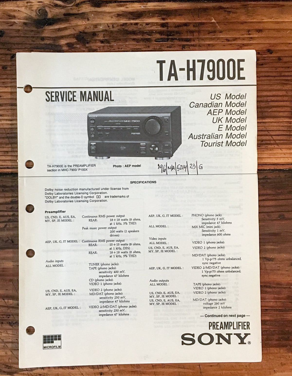 Sony TA-H7900E Amplifier  Service Manual *Original*