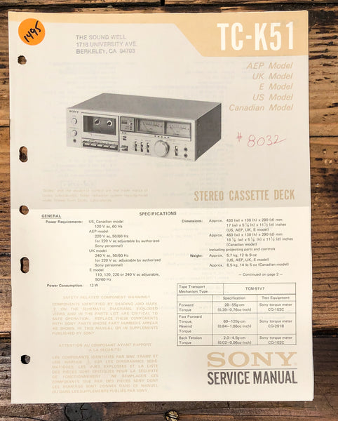 Sony TC-K51 Cassette Service Manual *Original*