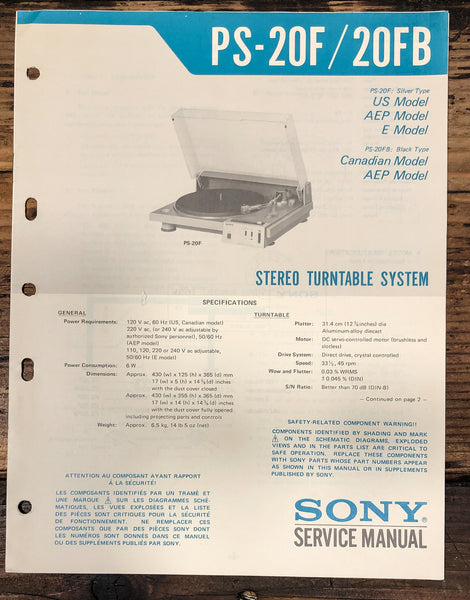 Sony PS-20F PS-20FB Record Player / Turntable Service Manual *Original*