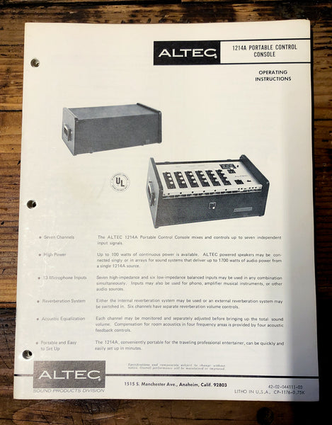 Altec Model 1214A Console  Owners Manual & Schematic *Orig*