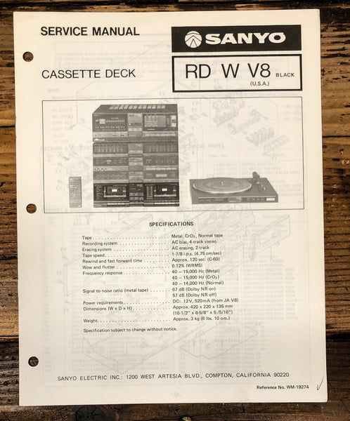 Sanyo RD WV8 RD-W V8 Cassette Service Manual *Original*