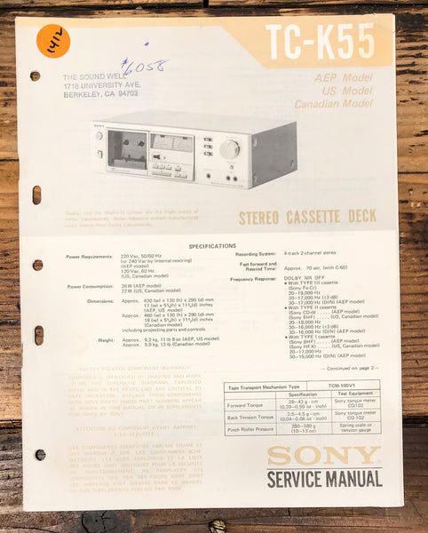 Sony TC-K55 Cassette Service Manual *Original*