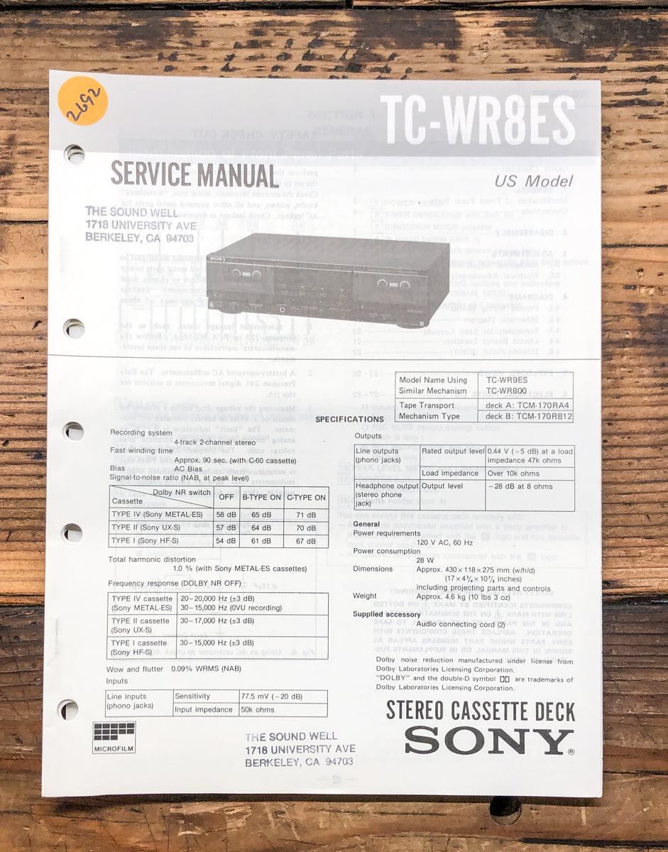 Sony TC-WR8ES Cassette  Service Manual *Original*