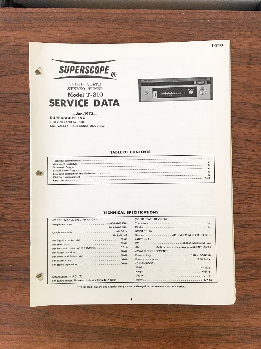 Superscope T-210 Tuner Service Manual *Original*