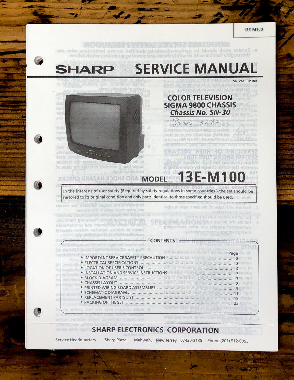 Sharp 13E-M100 TV / Television Service Manual *Original*