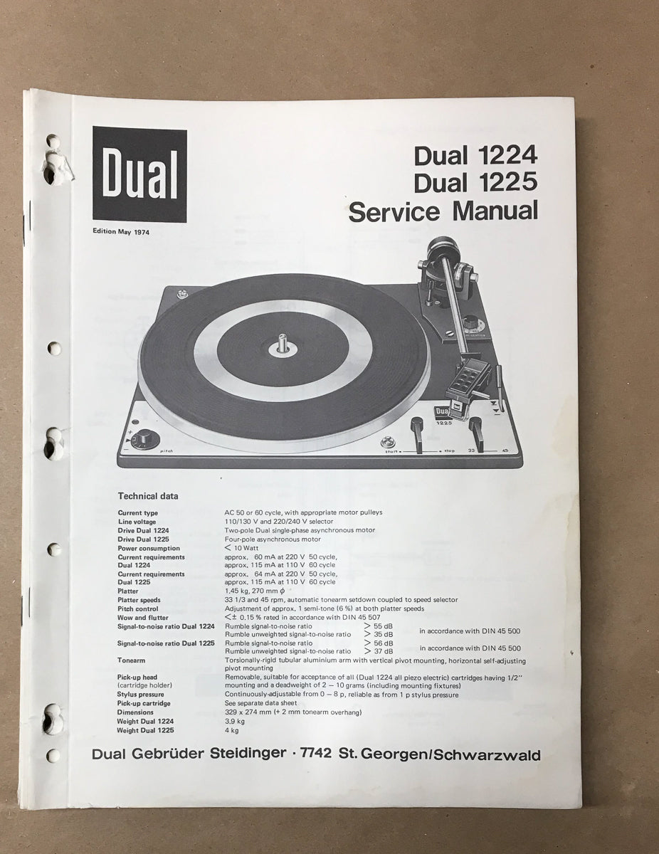 Dual Model 1224 1225 Record Player / Turntable Service Manual *Original*