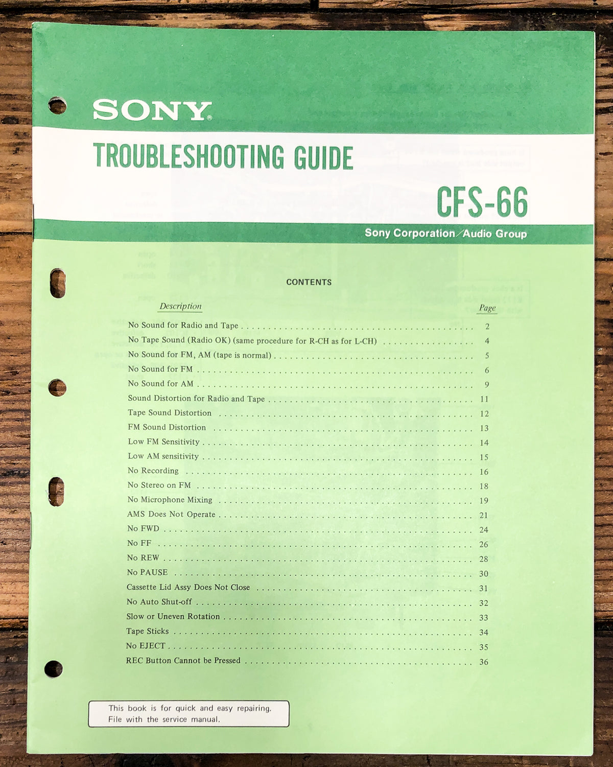Sony CFS-66 Radio Cassette Troubleshooting Guide Manual *Original*