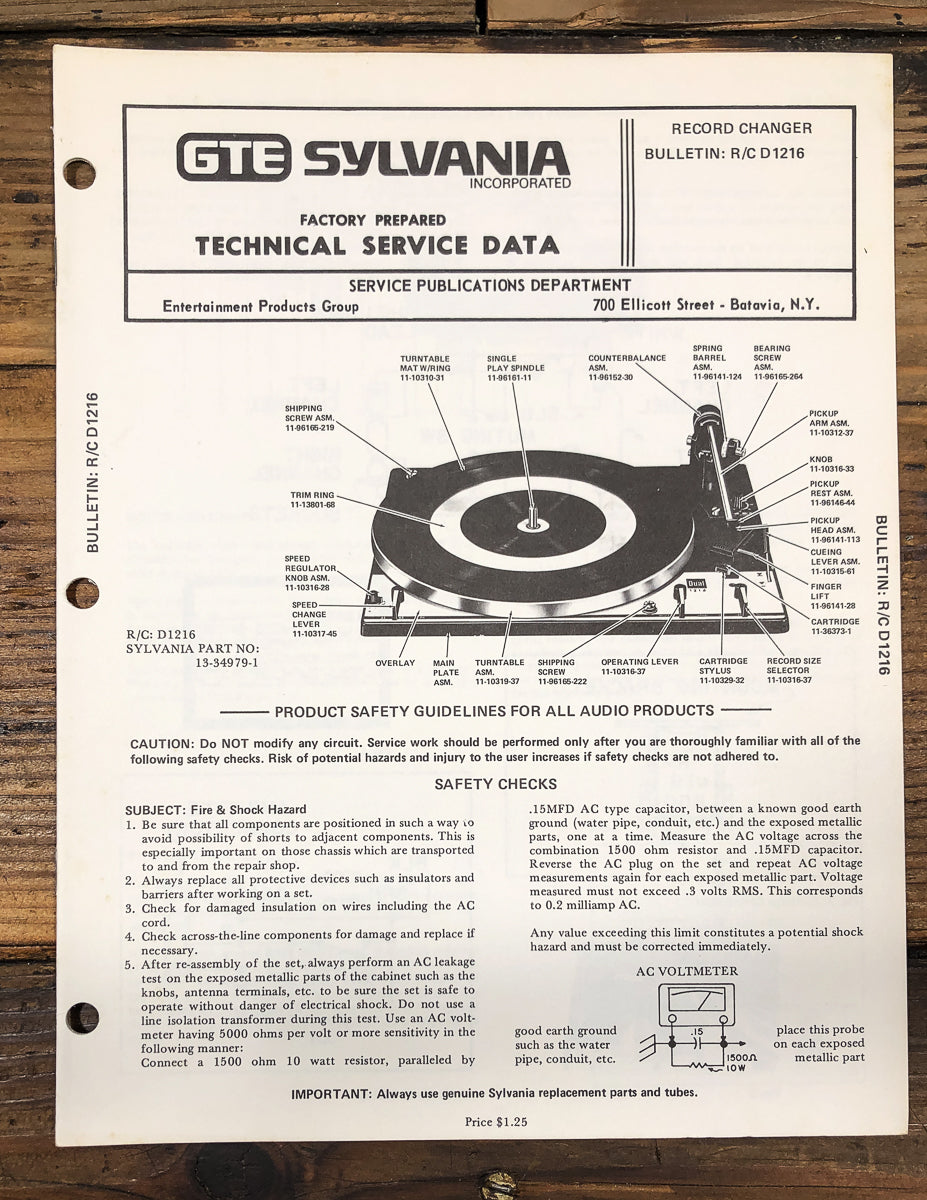 Sylvania / Dual R/C Model D1216 1216 Record Changer Service Manual *Original*