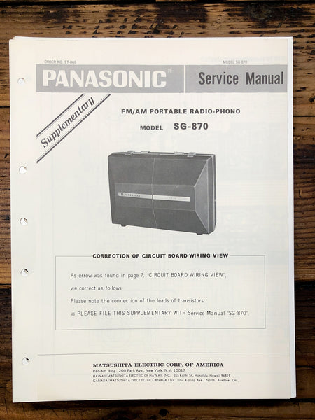 Panasonic SG-870 Record Player / Turntable Supp. Service Manual *Original*